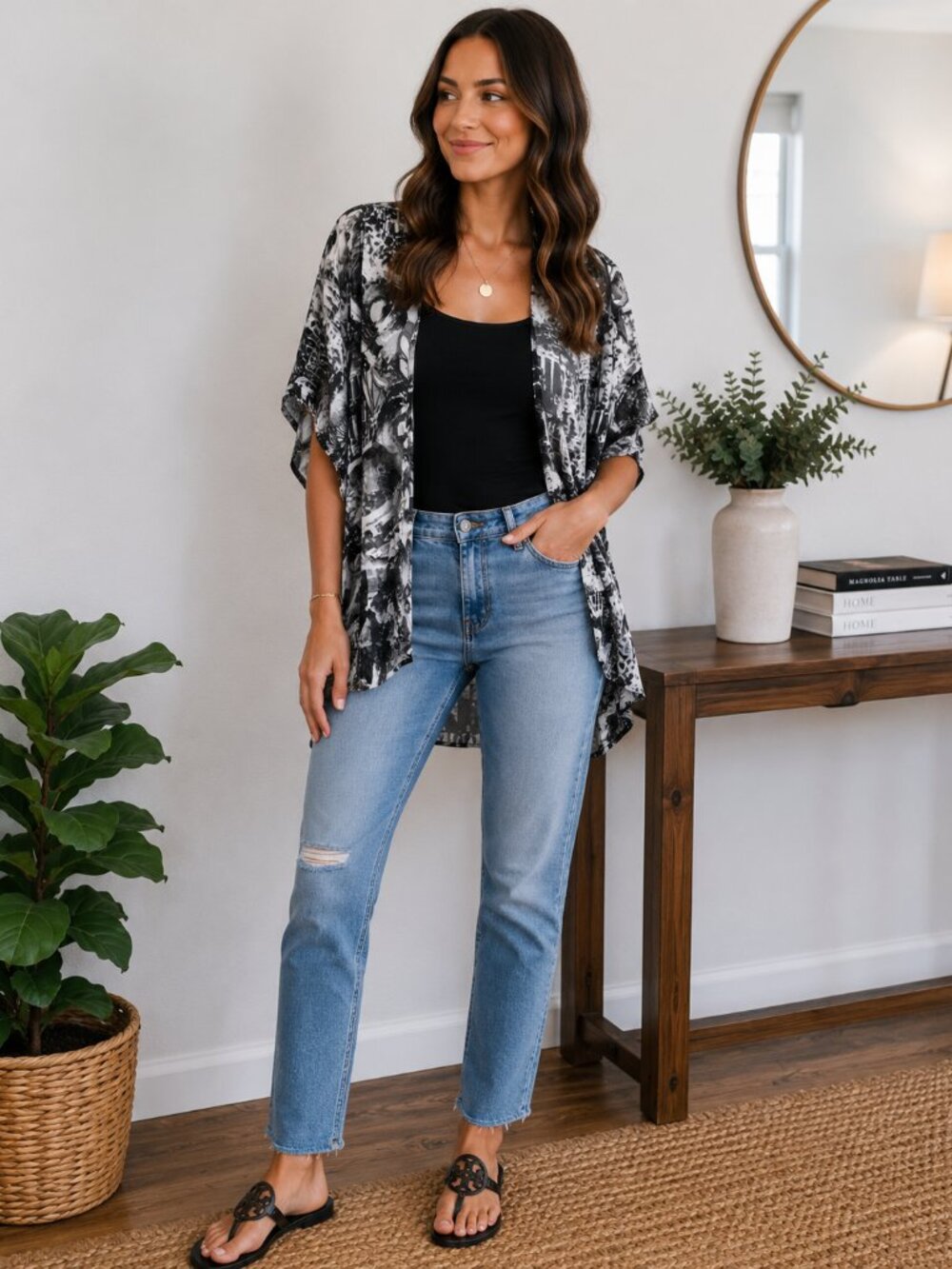 Reorder NWT Boutique Black Gray Printed Kimono Wrap Open Cardigan Top S